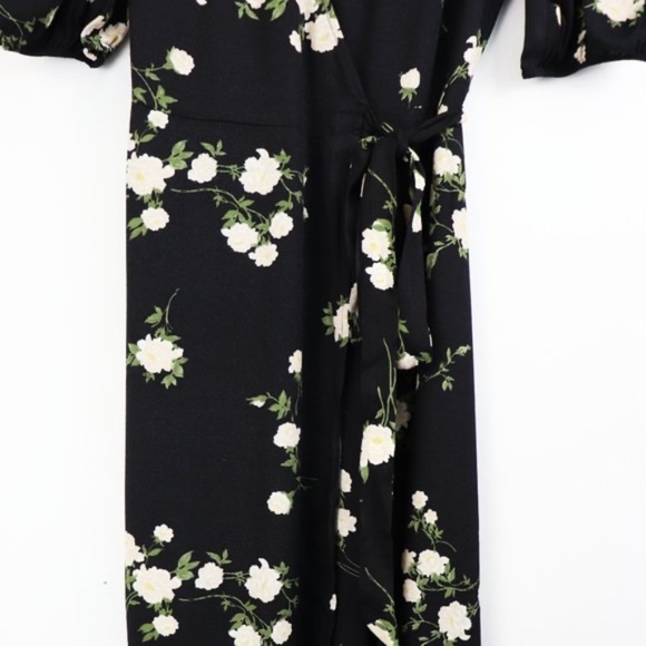 NWT Reformation Christa Puff Sleeve Black Floral Midi Wrap Dress XS - Picture 7 of 9